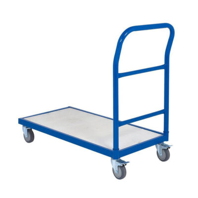 Warehouse goods handling platform trolley with foldable handle