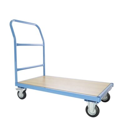 Warehouse goods handling platform trolley with foldable handle