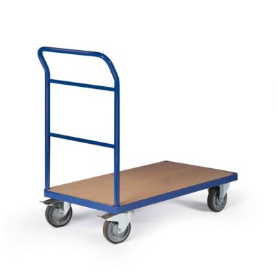 Warehouse goods handling platform trolley with foldable handle