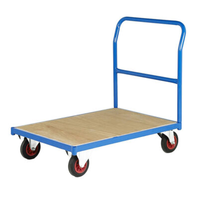 Warehouse goods handling platform trolley with foldable handle