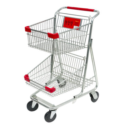 Durable double basket shopping trolley for supermarkets